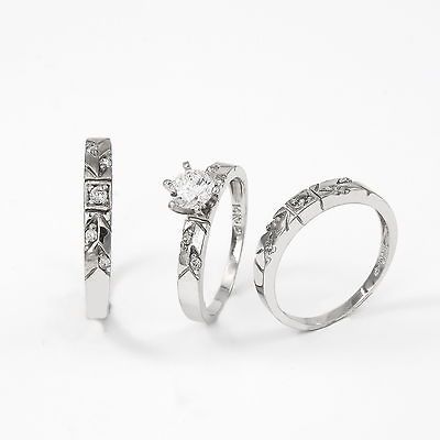 14k White Gold His and Hers Engagement Wedding Trio CZ Rings Set