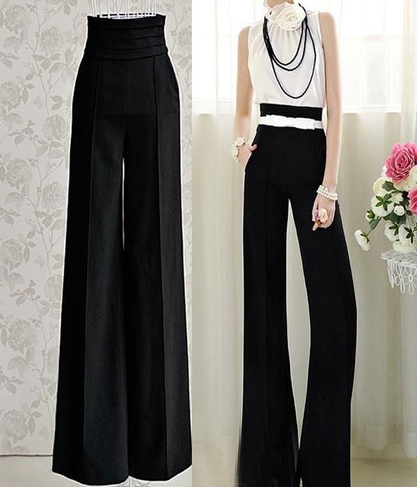 Black Elegant Vintage OL Slim High Waist Wide Leg Long Pants Trousers