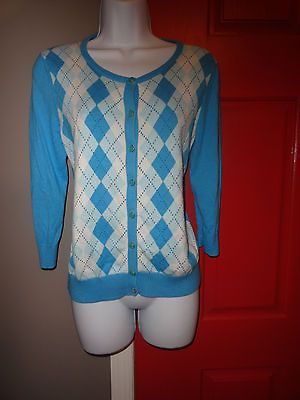 Talbots Turquoise Argyle Cardigan Sweater Size Medium