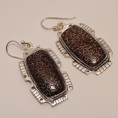 DINOSAUR BONE FOSSIL .925 SILVER EARRINGS 1.90