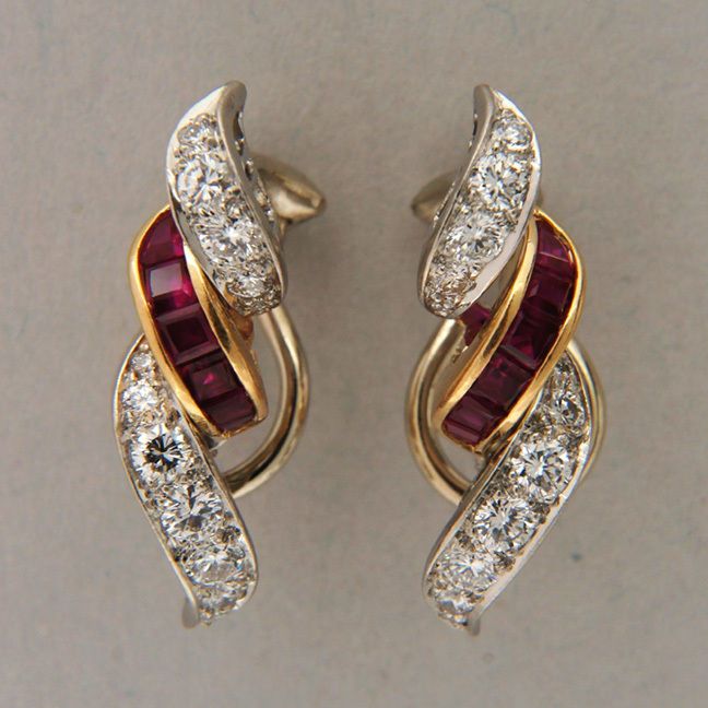 YELLOW GOLD NO HEAT NATURAL RUBY .50CT F, VS DIAMOND SWIRL EARRINGS