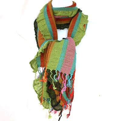 Bright Stripes Ruffled Edges Pashmina Scarf Shawl Wrap Green Beige