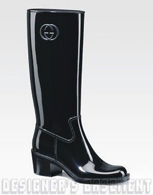 GUCCI shiny black Rubber DEVENDRA GG logo Rainboots Mid heel boots NIB