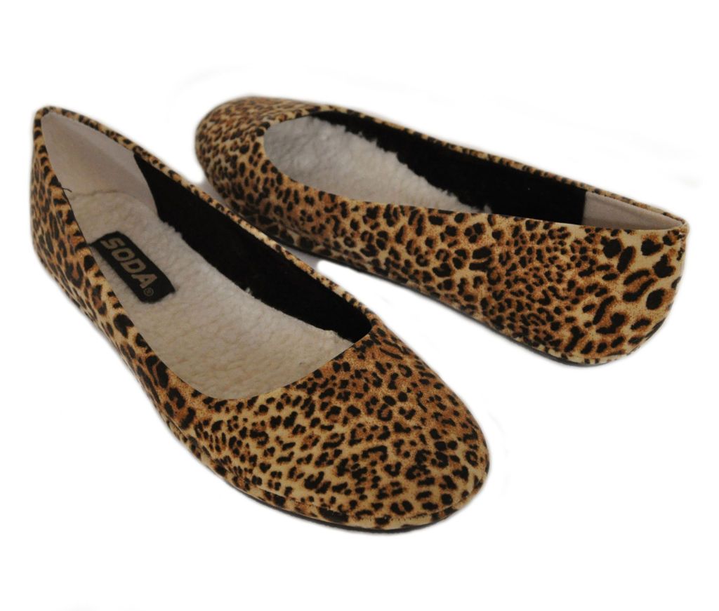 NEW SODA AFAR FS TAN CHEETAH FAUX FUR LINING SLIP ON BALLET FLATS