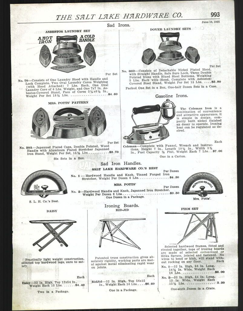 1925 AD Coleman Gas Gasoline Sad Irons Mrs Potts Dover Laundry Set