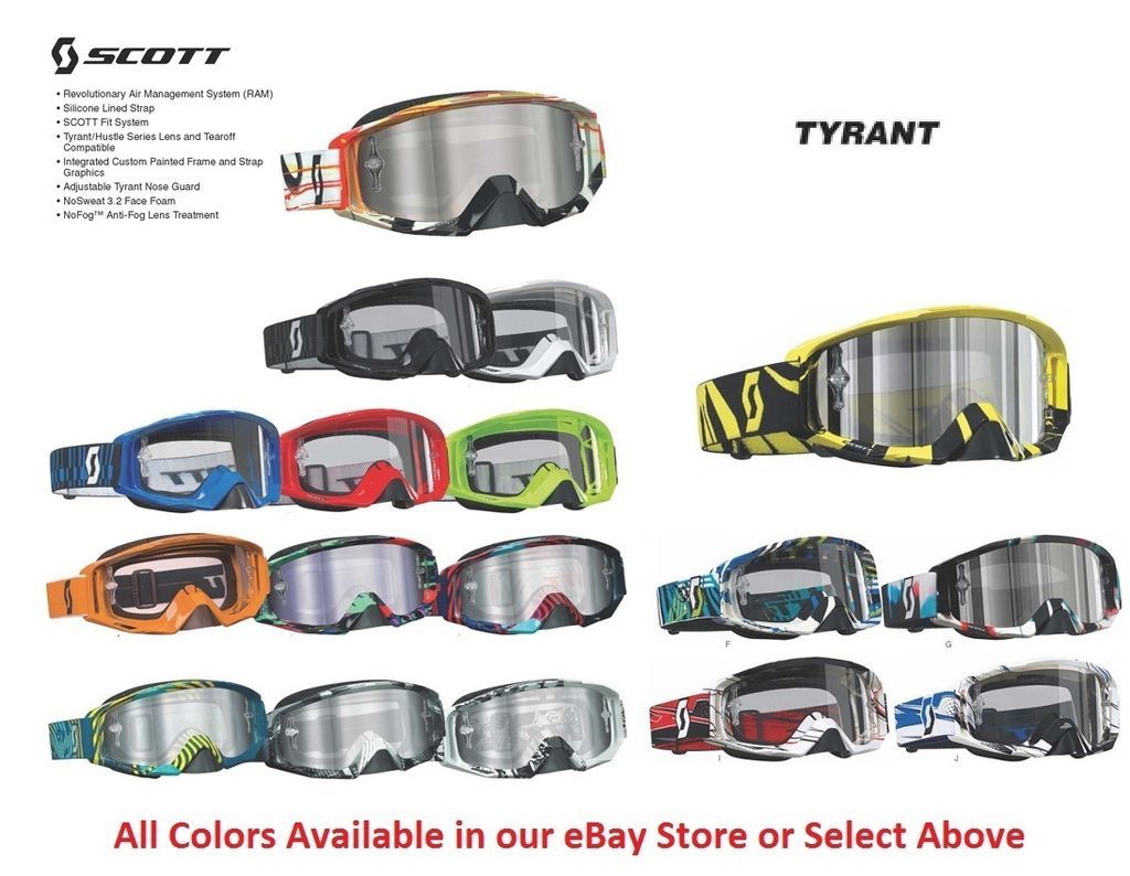 Scott Tyrant Goggles USA MADE Tearoff No Fog Lens ATV Kawasaki Suzuki