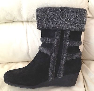 Easy Spirit Womens Brandia Black/Black Gray Suede Mid Calf Wedge