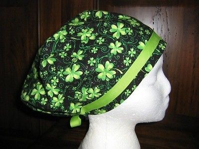 SCRUB HAT SHAMROCK, ST. PATRICKS DAY ON GR ELASTIC BACK W/ CORD LOCK