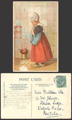 Dutch Girl Kettle & Broken Sugar Bowl 1904 Old Postcard