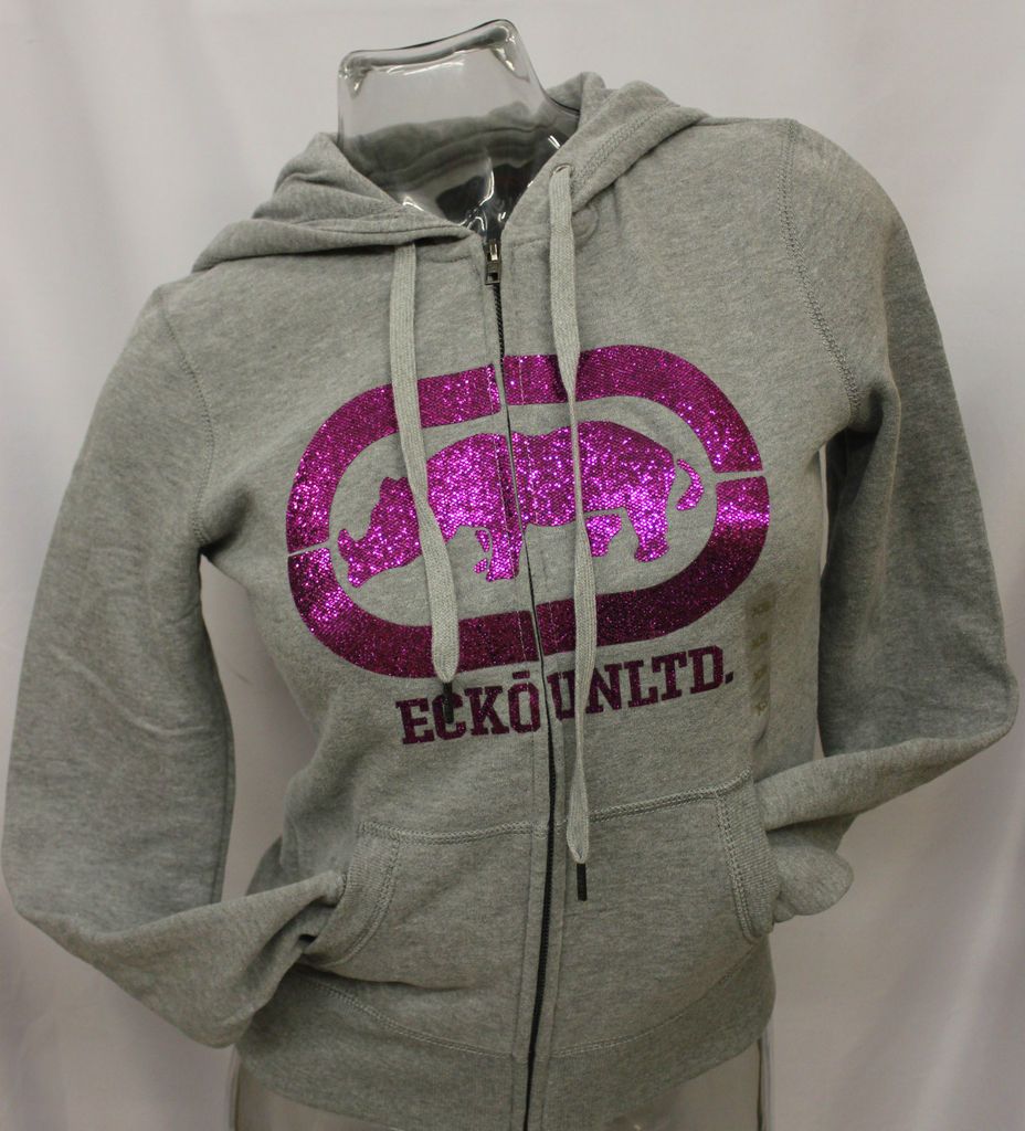 NWT ECKO RED WOMENS ZIP UP RHINESTONE RHINO HOODIE HEATHER GRAY SIZES