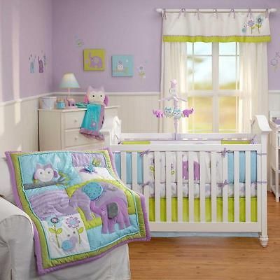 Elephants and Owls Infant Baby Girls 5p Nursery Crib Forest Animals