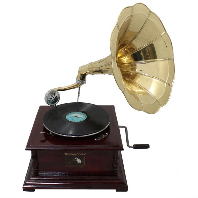 Replica RCA Victor Phonograph Gramophone with Large Gold Brass Horn