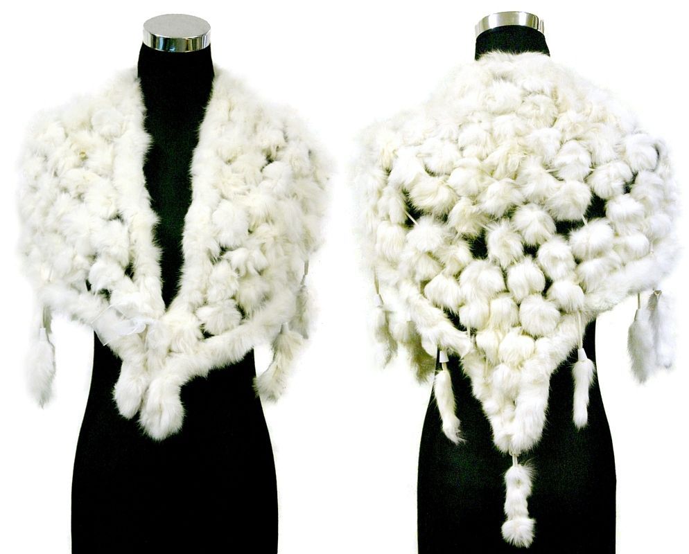 Angora Fur Pom Balls Triangle Shawl Shrug Scarf Wrap