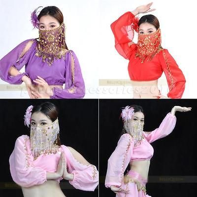 1PCS Belly Dance Face Veil With Golden Sequins Beads Flower Fine Mesh