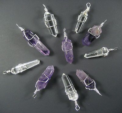 10 Wire Wrapped Crystal Point Pendants 5 Amethyst&5 Quartz Wholesa le