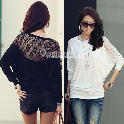 Fashion Womens Batwing Top Dolman Lace Loose T Shirt Blouse Long