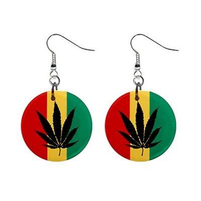 New 1 Button Earrings Rasta Marijuana Weed Leaf ER019