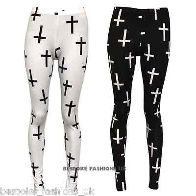 NEW WOMENS LADIES CROSS PRINT PRINTED LEGGINGS IN BLACK AND WHITE