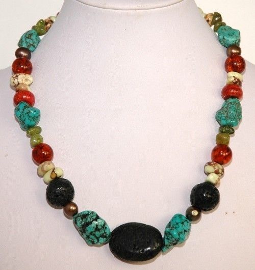 Blue Turquoise Red Carnelian Black Stones Unique Style Necklace 13140