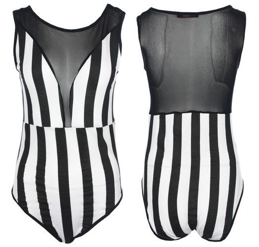 NEW WOMENS BLACK AND WHITE STRIPED MESH PANEL SLEEVELESS LEOTARD