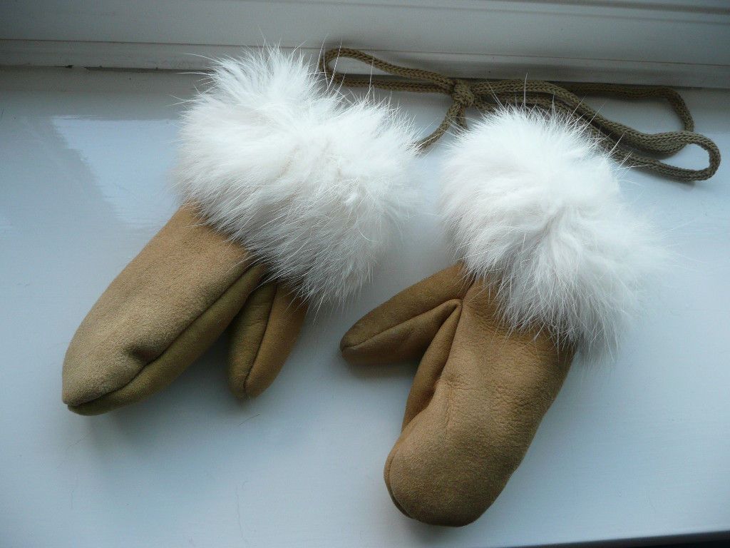 GENUINE BABY CHILDREN SHEEPSKIN MITTENS GLOVES WITH REAL FLUFFY RABBIT