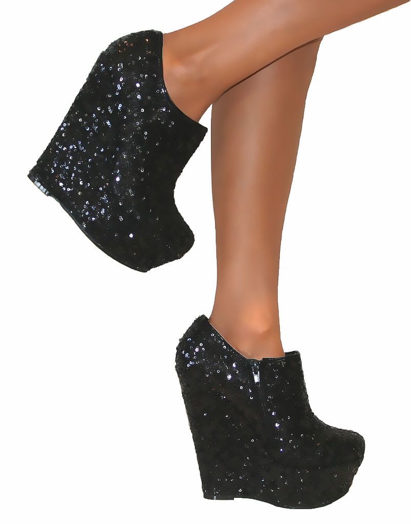 LADIES BLACK SEQUIN GLITTER PLATFORM HIGH WEDGE HEELS ANKLE SHOE BOOTS