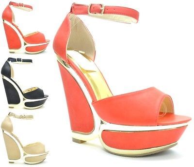 NEW WOMENS PEEP TOES GOLD LINING WEDGE HEELS WEDDING PARTY ANKLE SHOES