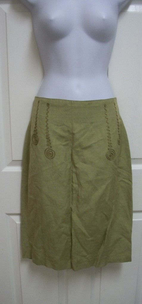 CRISCA OLIVE KHAKI LINEN RAYON METALLIC WHIMSY SKIRT 40