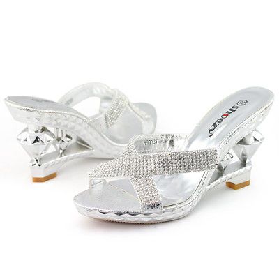 SHOEZY Womens Silver Rhinestone Wedding Prom Dress Wedges Heels Mules