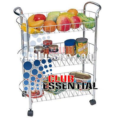 TIER VEGETABLE FRUIT RACK WITH WHEELS CHROME STORAGE TROLLEY STAND