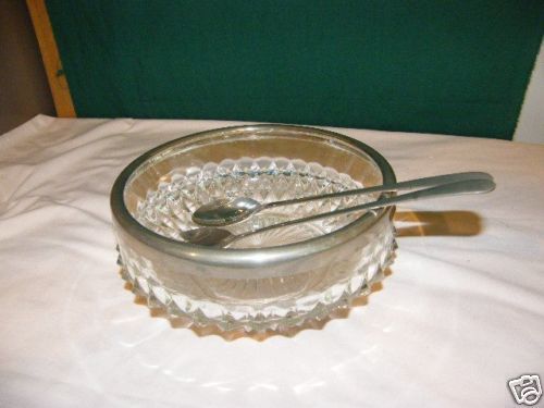 Sheffield Crystal Salad Bowl w Silver Plated Rim Forks