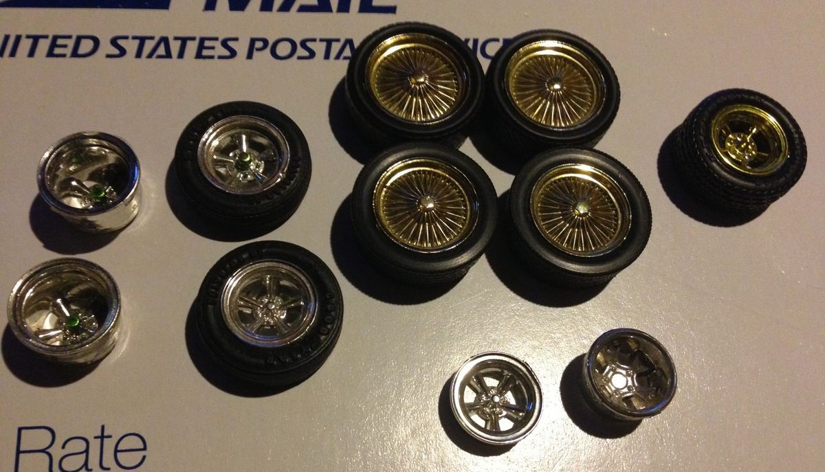 Model Car Tires Wheels Rims Gold Chrome Deep Set Junkyard Parts Pieces