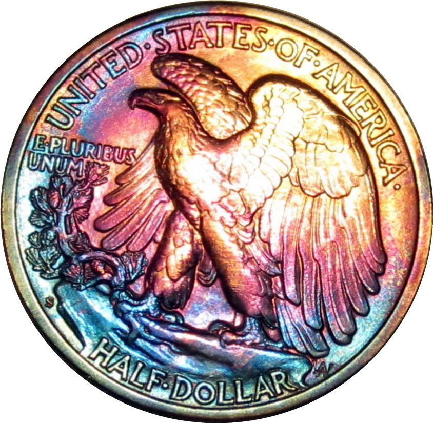 1942 s Walking Liberty Silver Half Dollar Near Choice BU UNC Rainbow