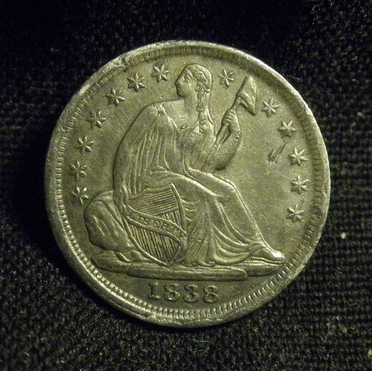 1838 P Seated Liberty Half Dime Beautiful AU Rim Cud